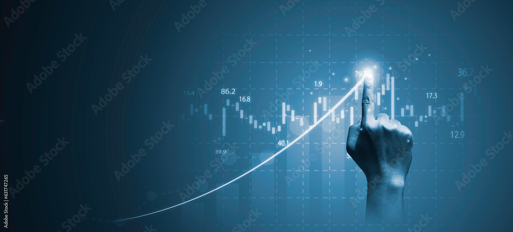 Poster hand writing with stock market graph chart and increasing arrow for investor and trader analysis to 