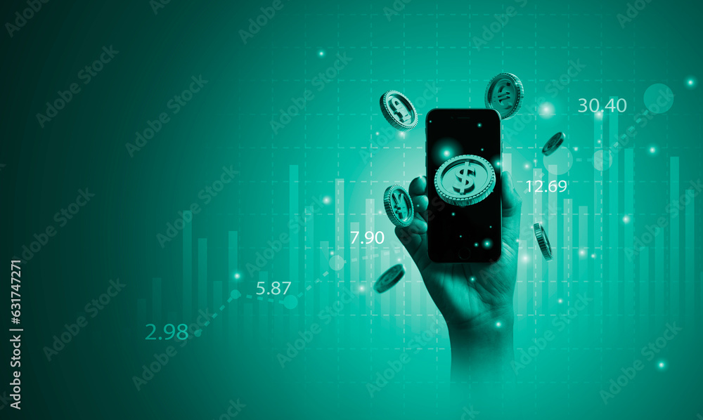 Wall mural Hand holding smartphone with coins include dollar Yen yuan Euro and pound sterling on green background for currency exchange and forex trading concept.