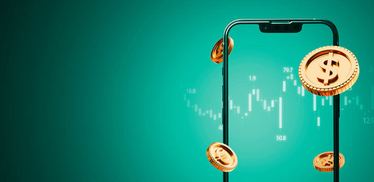 Golden coins include dollar Yen yuan Euro and pound sterling with mobile phone frame on green background for currency exchange and forex trading concept.