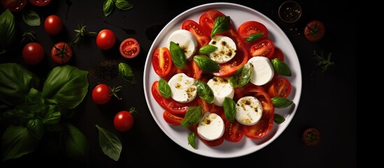 The Caprese Salad consists of Mozzarella Cheese, Tomatoes, and Basil Herb Leaves. It is presented in a top view flat lay with copy space.