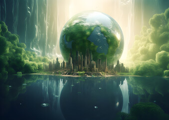 Futuristic planet earth in a crystal clear sphere surrounded of a modern world