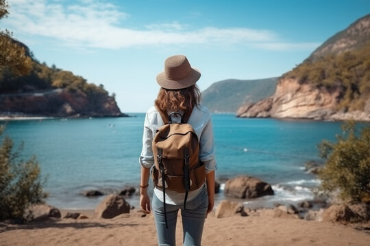 Unrecognizable Hiker Girl In Jeans Walks Along The Seashore With Binoculars, Rear View, Scout Wanderlust Holidays Concept