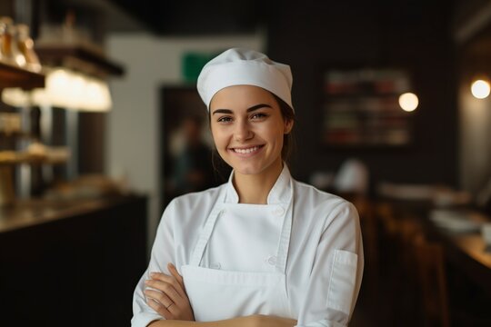 Smiling Attractive Female Chef Posing In Restaurant