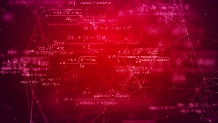 Glowing mathematical formulas and equations flying on red abstract background with plexus lines. Looped seamless educational animation. - Powered by Adobe