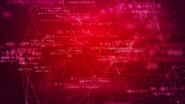 Glowing mathematical formulas and equations flying on red abstract background with plexus lines. Looped seamless educational animation.
