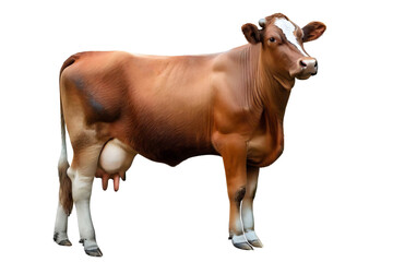 Brown cow standing sideways and isolated on transparent  or white background. Dairy cattle are agricultural commodity animals. - obrazy, fototapety, plakaty