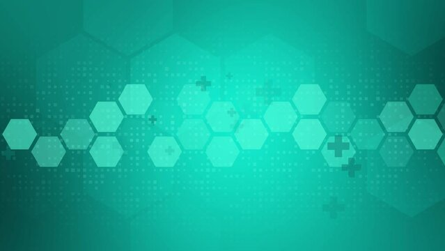 Healthcare icons in hexagons. Looped medical animation with geometric shapes of crosses on green background.