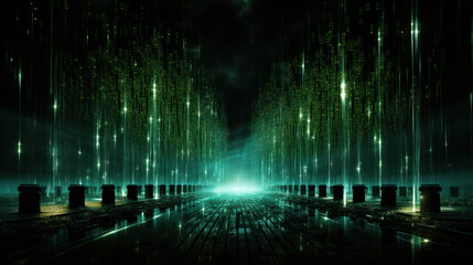 Digital Enigma: Matrix of Green Binary Code. Generative AI