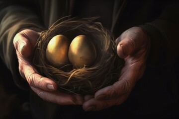 Golden egg hands. Generate Ai