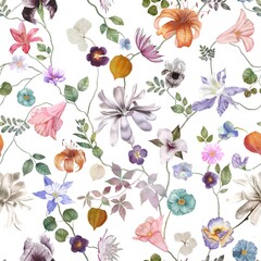 Different flowers watercolor seamless pattern isolated on white. Spring garden blossom. Various flowers background. Blooming summer meadow Romantic floral composition