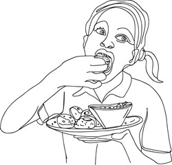 single one line continuous sketch drawing cartoon illustration of Indian girl eating Phuchka or Pani Puri on a bowl made of shal leaves in india. This popular street food is also called gupchup  - obrazy, fototapety, plakaty