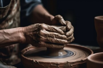 Fototapeta premium Hands pottery clay. Generate Ai