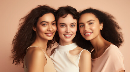 Portrait of three young multiracial women standing together and smiling at the camera isolated over a pastel background