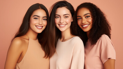 Portrait of three young multiracial women standing together and smiling at the camera isolated over a pastel background