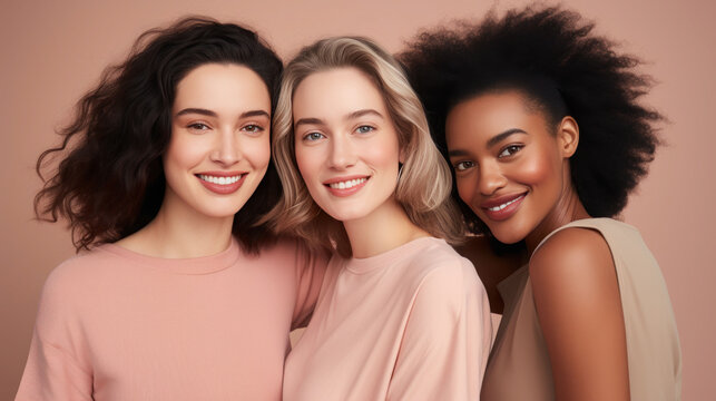 Portrait of three young multiracial women standing together and smiling at the camera isolated over a pastel background