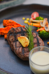 Beef Steak, Potatoes Wedges Vegetable with White Sauce