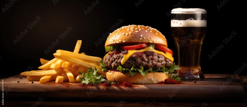 Aufkleber a dark background with copy space features a side view of a beef burger accompanied by a beer and fr