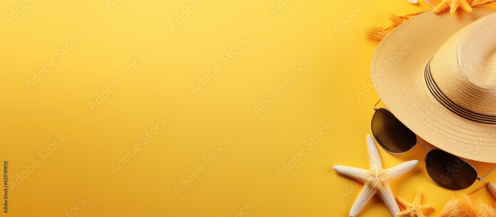 Poster a background of yellow with a straw hat, sunglasses, shell, and starfish. empty space on the left si