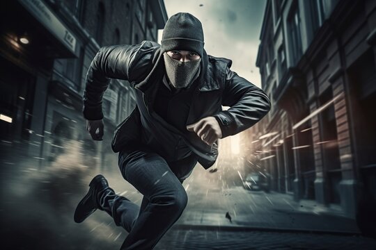 policeman running after a robber after a bank robbery