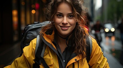 A food delivery woman riding a bike with a backpack full of food containers, wearing a bright yellow delivery uniform, and a reflective vest. Generative AI