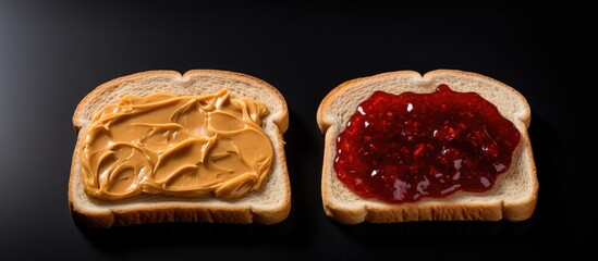 shows peanut butter and jelly on white bread toasts, against a black background. The view is from the top, and empty space available for copy.