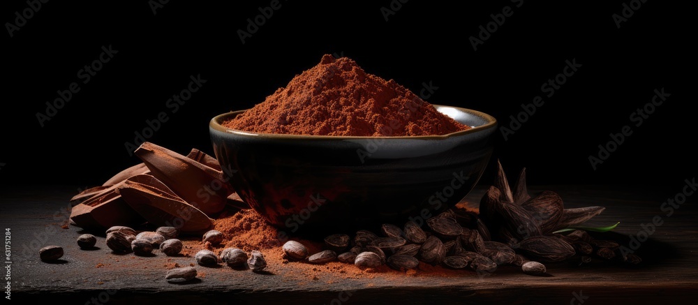Poster the idea of chocolate and cacao is illustrated by a bowl of cocoa powder, alongside cocoa beans and 