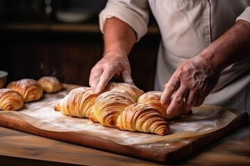 Obraz na płótnie Canvas Unrecognizable man hands prepare dough for croissant sweet dessert