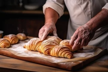 Foto op Plexiglas Unrecognizable man hands prepare dough for croissant sweet dessert © alisaaa