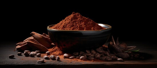 The idea of chocolate and cacao is illustrated by a bowl of cocoa powder, alongside cocoa beans and broken chocolate on a black background.