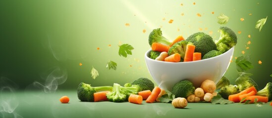 Green beans, broccoli, potato, and carrot are boiled vegetables flying over a green background with copy space.
