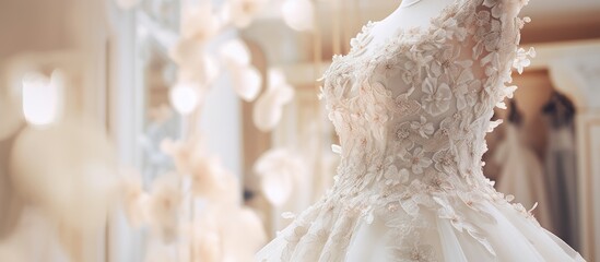 Close-up of a stunning wedding gown displayed on a mannequin in a boutique.