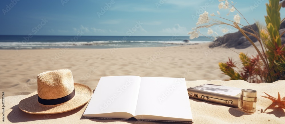 Poster a blank writing book is placed on a background with summer beach accessories. copy space available i