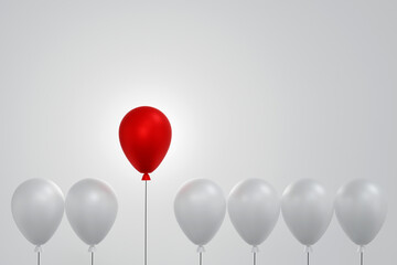 Red balloon floating higher than group of white balloon, leader, creative, different, thinking, idea, 3D rendering.