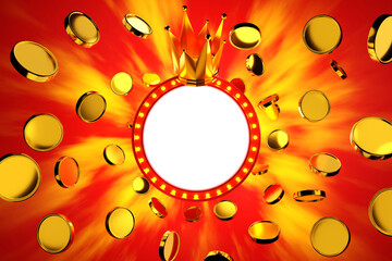 Winner jackpot banner red frame light bulb with gold coins flying around, gambling game, 3D rendering. - 631752033