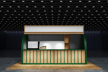 Mini coffee shop cafe booth kiosk with counter coffee machine, refrigerator and menu board, green and wood, 3D rendering. - 631752072