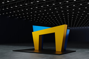 Yellow and blue booth exhibition stand arch in hall for product fair show, 3D rendering.