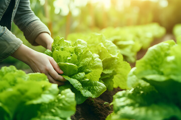 Woman Harvesting Fresh Lettuce in Vegetable Garden - Generative AI