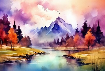 landscape watercolor background. Generative AI