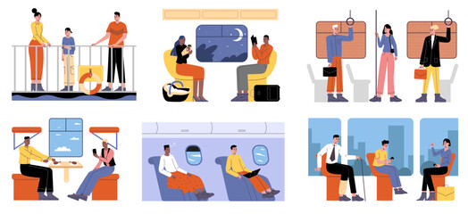 Cartoon passengers. People going in public transport. Urban transportation by bus or train. Boat journey. Long distance and international travel. Citizens get to work. Vector vehicles set © VectorBum