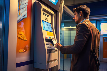 A man buys a ticket for a trip from a machine.
