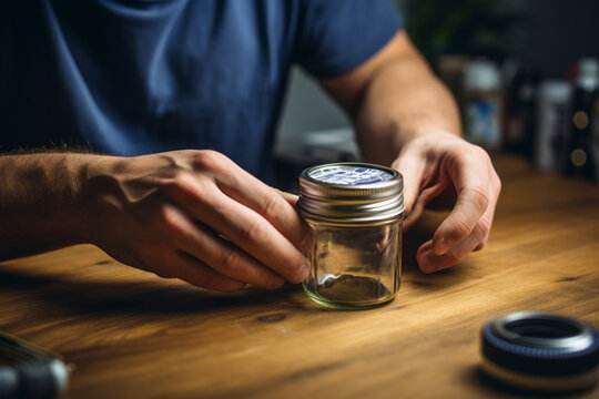 Unrecognizable man putting the rubber seal on a jar cap