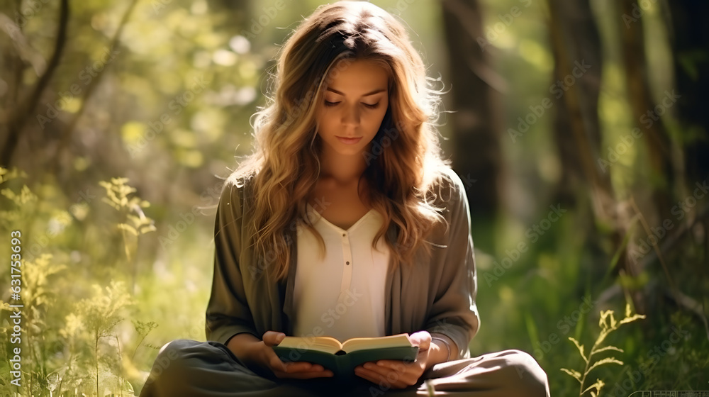 Wall mural beautiful caucasian girl reading holy bible book in jungle