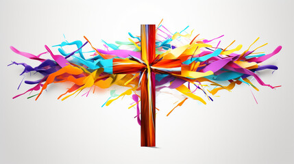 A vibrant artwork of a Christian cross adorned with colorful ribbons, celebrating the joy of resurrection Generative AI