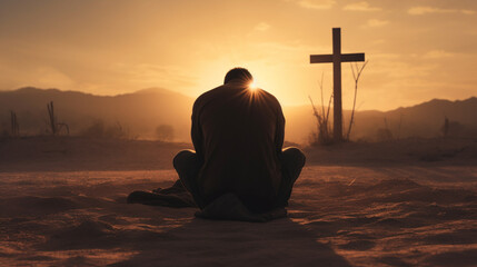 An emotive photo of a person kneeling in prayer before a Christian cross, finding solace in devotion Generative AI