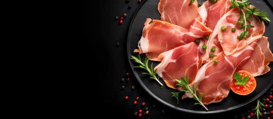 Top view of Italian Prosciutto Cotto with pork ham slices on a black background, ready to be...