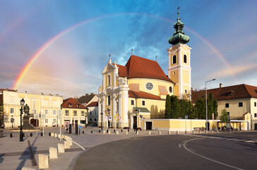 Hungary city Gyor,  Carmelite Church with rainbow