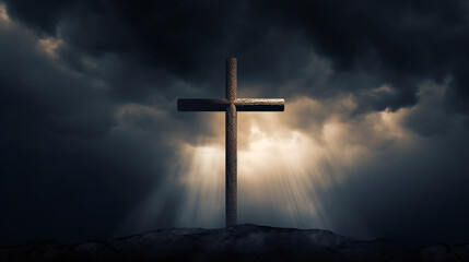 Naklejka premium A dramatic image of a Christian cross silhouetted against a stormy sky, evoking themes of redemption and triumph Generative AI