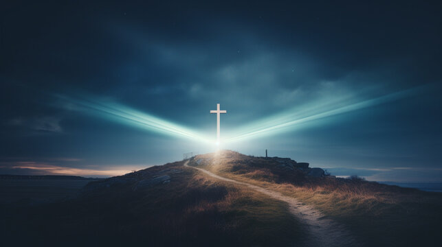 An inspirational picture of a Christian cross planted on a hill, a beacon of light guiding the way Generative AI