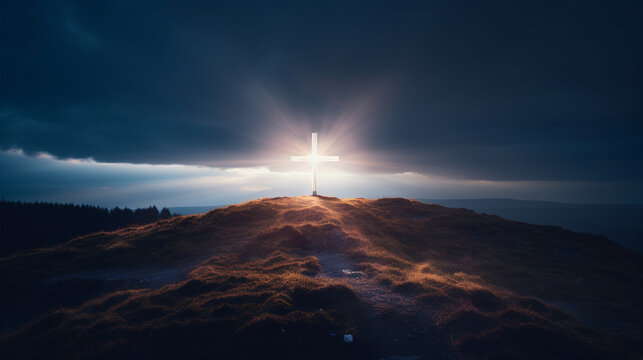 An inspirational picture of a Christian cross planted on a hill, a beacon of light guiding the way Generative AI