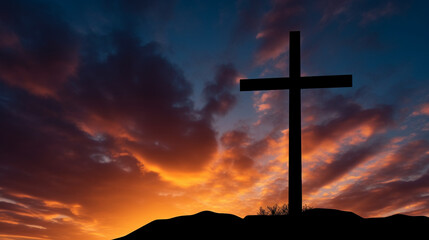 A striking silhouette of a Christian cross against a vibrant sky, evoking a sense of transcendence and spirituality Generative AI